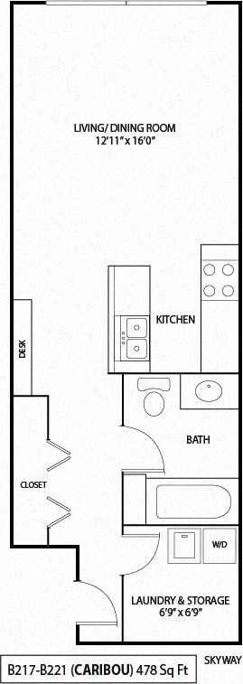Studio 1 bath floor plan  at Mears Park Place, St. Paul